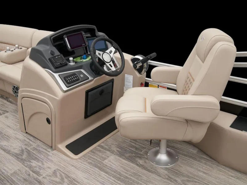 Slide: The Image of 2024 Ranger 220FC boat interior with steering console and beige captain's chair. - 8