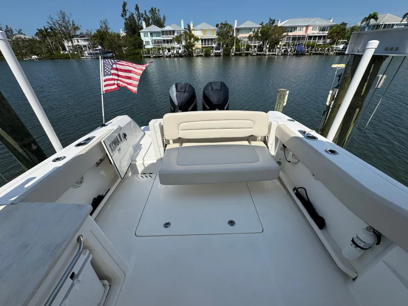 Slide: The Image of 2018 Boston Whaler 270 Vantage boat with American flag, docked near waterfront homes. - 31