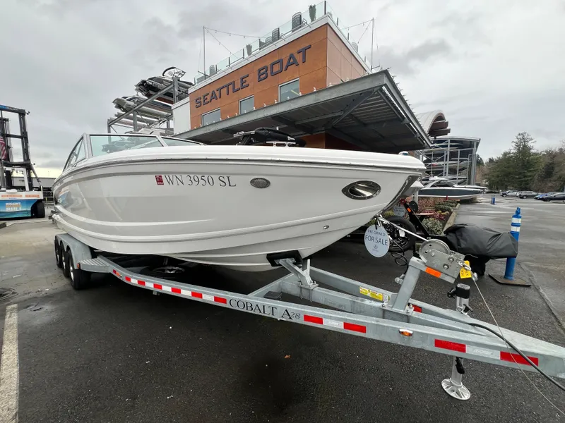 Slide: The Image of 2017 Cobalt A28 boat on trailer at Seattle Boat dealership. - 4