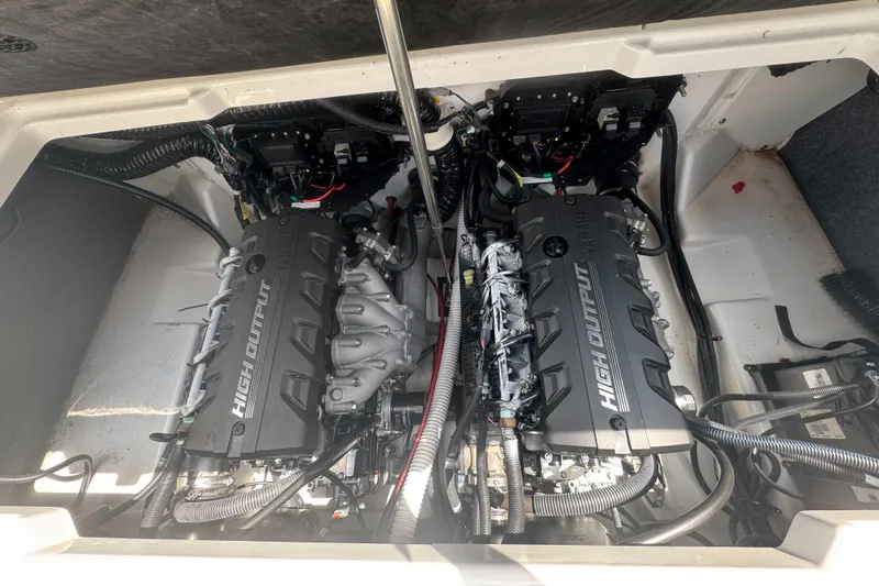 Slide: The Image of 2023 Yamaha AR250 boat engine compartment with high output engines. - 18
