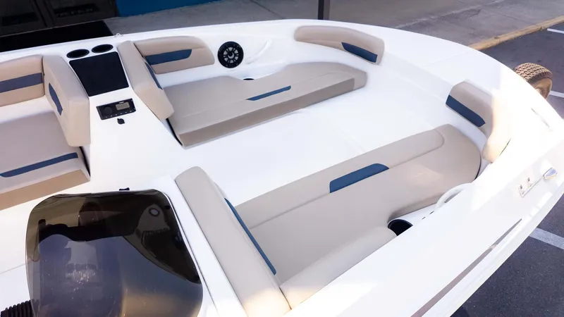 Slide: The Image of 2022 Hurricane SS185 boat interior with beige seating and modern design. - 11