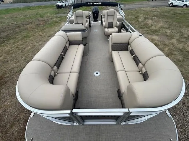 Slide: The Image of 2025 Sun Tracker Party Barge 22 DLX with spacious seating and modern design. - 11