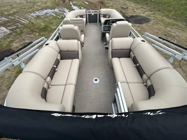 Slide: The Image of 2025 Sun Tracker Party Barge 22 DLX with spacious seating and modern design. - 8