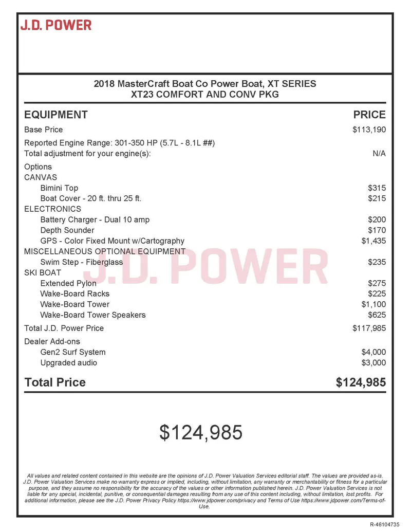 Slide: The Image of 2018 MasterCraft XT23 boat pricing sheet with equipment and total price of $124,985. - 14