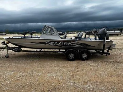 Slide: The Image of 2025 SeaArk ProCat 240 boat on trailer under cloudy sky. - 4