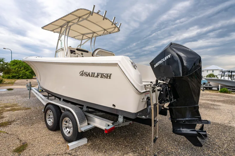 Slide: The Image of Overhead view of 2022 Sailfish 242CC boat interior, showcasing seating and storage layout. - 9