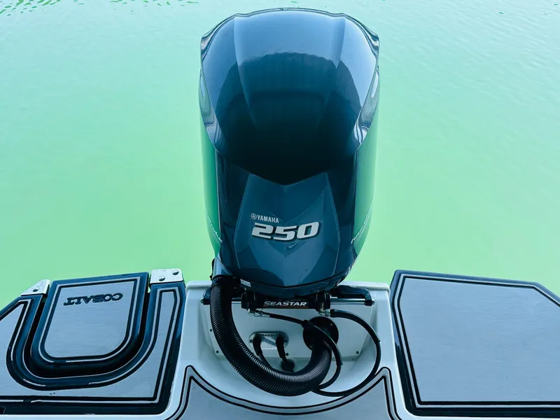 Slide: The Image of 2018 Cobalt 23SC boat with Yamaha 250 engine on calm green water. - 26
