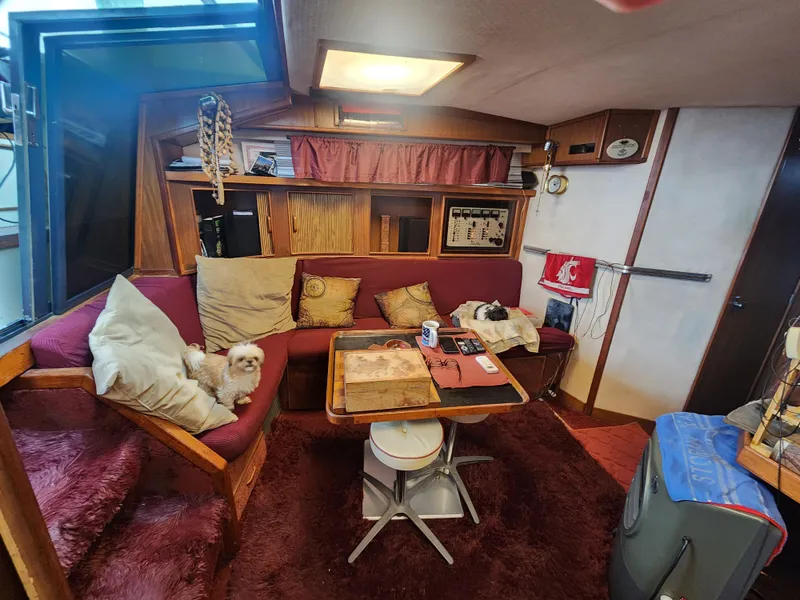 Slide: The Image of 1987 Sea Ray 390 Express Cruiser interior with cozy seating and decor. - 6