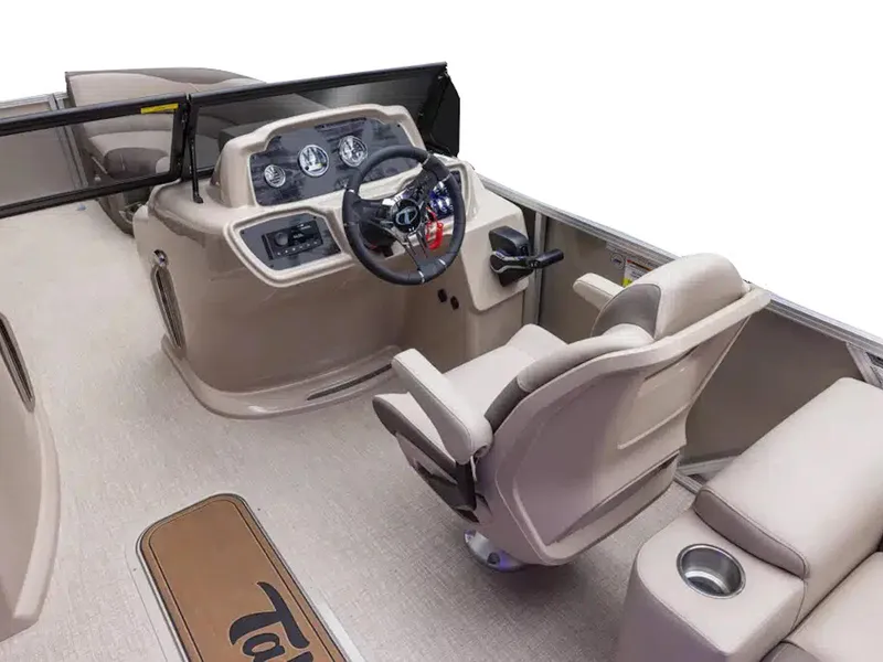 Slide: The Image of 2025 Tahoe LTZ boat interior with steering wheel, dashboard, and beige seating. - 10