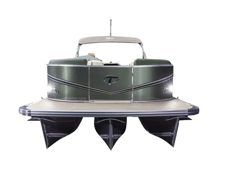 Slide: The Image of 2025 Tahoe LTZ pontoon boat, front view, with sleek design and modern features. - 11