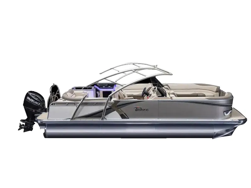 Slide: The Image of 2025 Tahoe LTZ pontoon boat with Suzuki outboard motor, side view. - 12