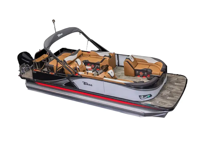 Slide: The Image of 2025 Tahoe LTZ pontoon boat with luxurious seating and modern design. - 13