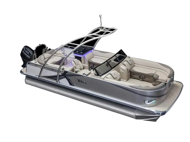 Slide: The Image of 2025 Tahoe LTZ pontoon boat with Suzuki engine, featuring luxurious seating and sleek design. - 14