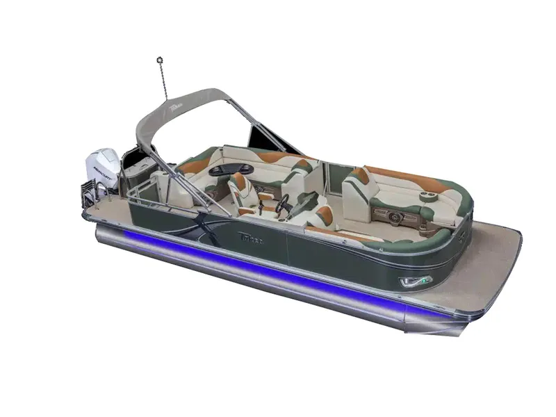 Slide: The Image of 2025 Tahoe LTZ pontoon boat with modern seating and sleek design. - 15