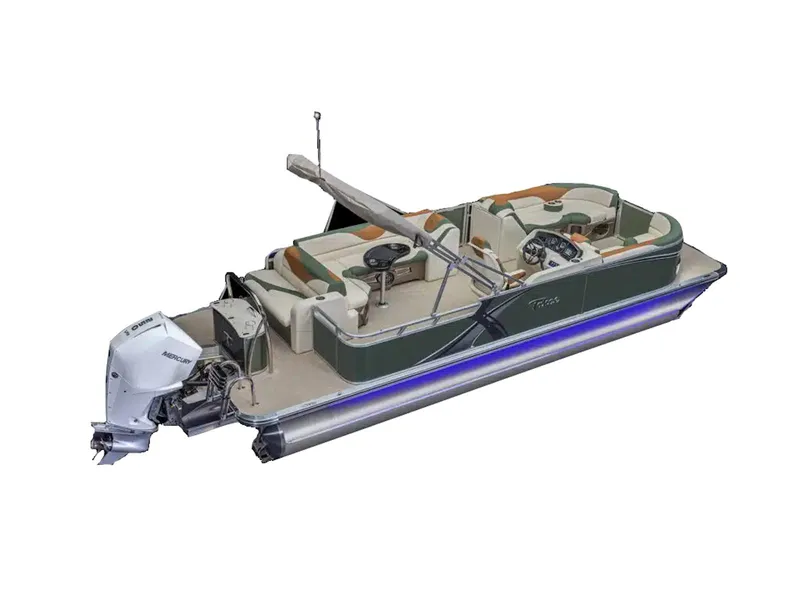Slide: The Image of 2025 Tahoe LTZ pontoon boat with Mercury outboard motor and luxurious seating. - 17