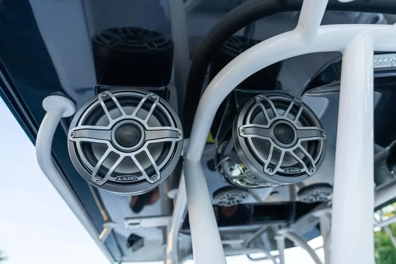 Slide: The Image of Speakers on a 2023 Yellowfin 34 boat, showcasing marine audio system. - 35