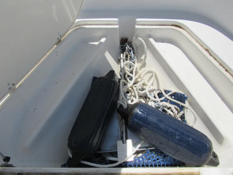 Slide: The Image of Storage compartment of 2013 Boston Whaler 200 Dauntless with ropes and fenders. - 24