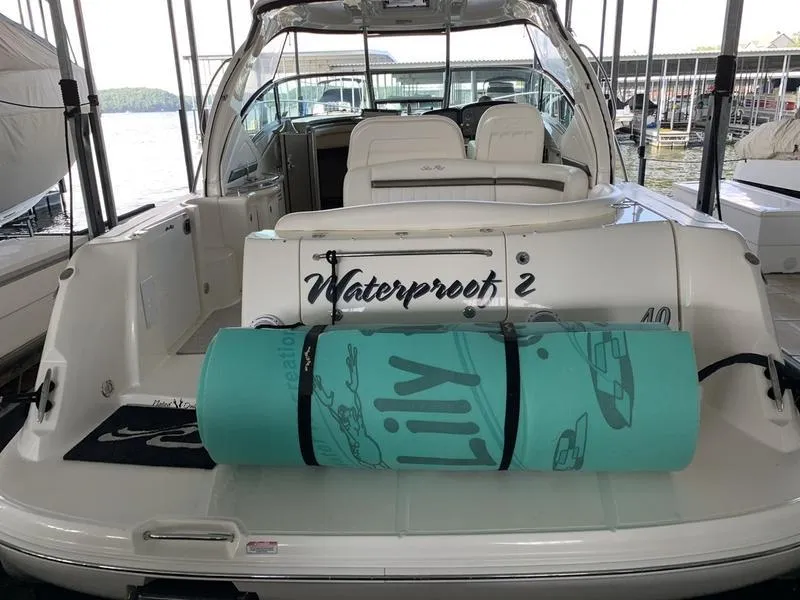 Slide: The Image of 2007 Sea Ray 40 Sundancer yacht with Lily pad on deck, docked at marina. - 10