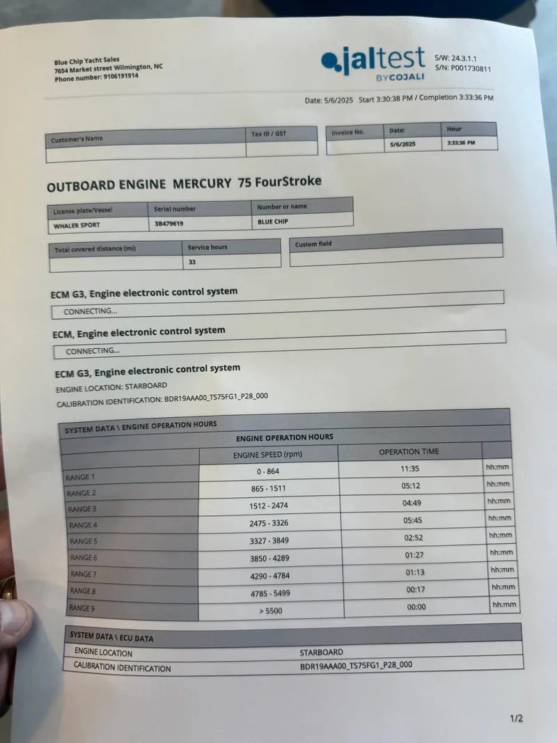 Slide: The Image of Document detailing Mercury 75 FourStroke engine diagnostics for 2023 Boston Whaler 160 Super Sport. - 21
