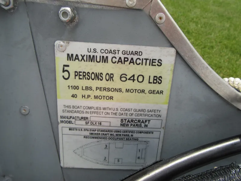 Slide: The Image of 2018 Starcraft SF DLX 16 capacity label, U.S. Coast Guard approved, 5 persons or 640 lbs. - 20