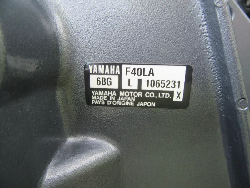 Slide: The Image of Yamaha F40LA engine label on 2018 Starcraft SF DLX 16, made in Japan. - 21