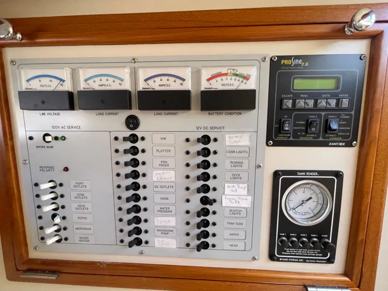 Slide: The Image of Electrical control panel on a 2015 Fortier 30 boat, featuring gauges and switches. - 44
