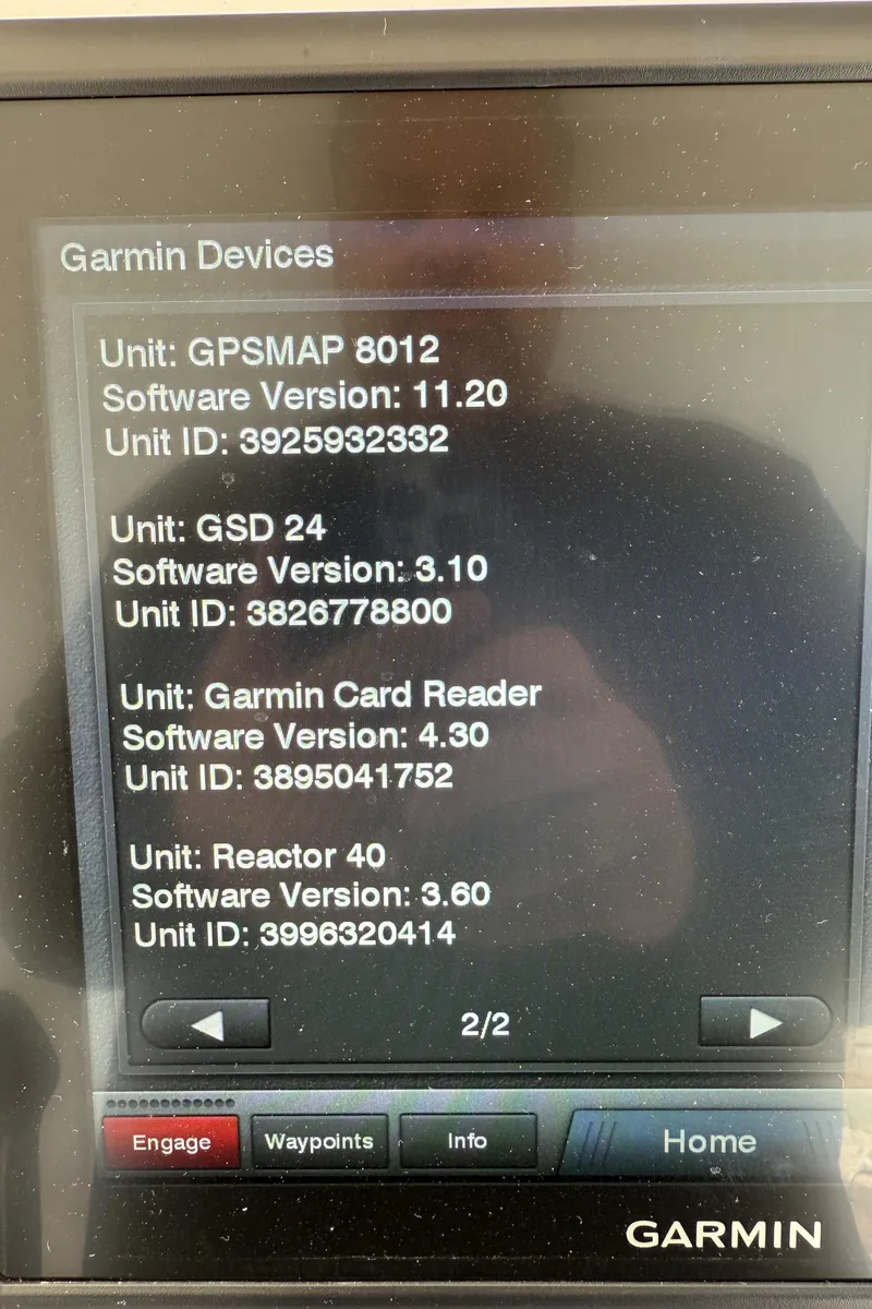 Slide: The Image of Garmin device screen displaying software versions and unit IDs on Intrepid 375 Walkaround, 2015 model. - 19