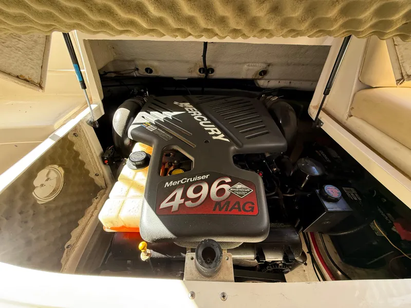 Slide: The Image of Engine compartment of a 2002 Sea Ray 270 Sundeck with MerCruiser 496 MAG engine. - 13