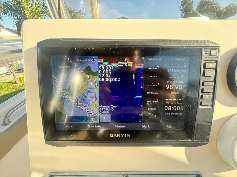 Slide: The Image of Garmin GPS display on 2018 Key West 203 FS boat, showing navigation and sonar data. - 17