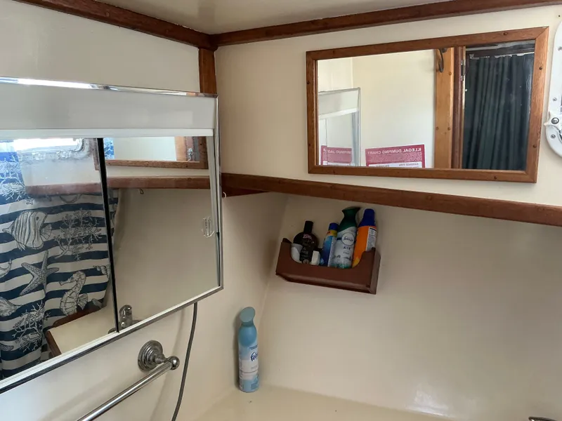 Slide: The Image of 1978 Californian 34 LRC bathroom with mirror, toiletries, and shower curtain. - 17