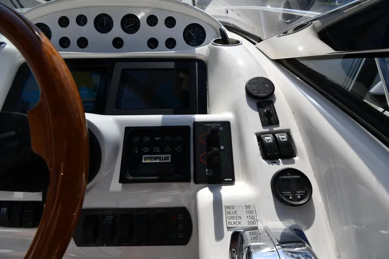 Slide: The Image of Control panel of a 1996 Sunseeker Camargue 51 yacht with gauges and switches. - 17