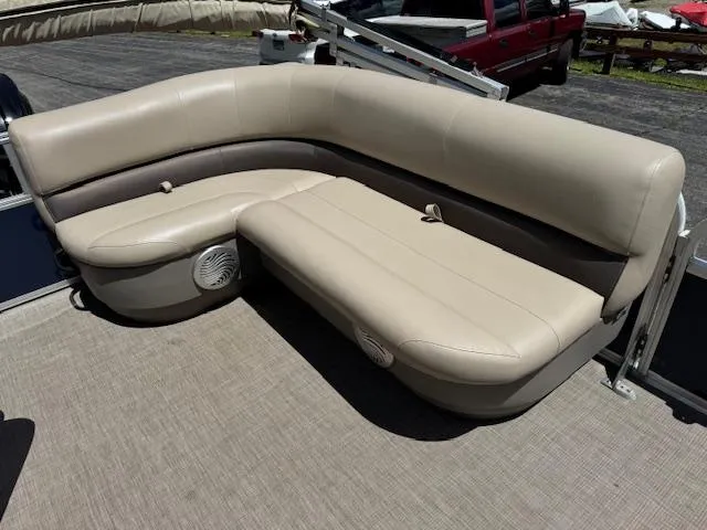 Slide: The Image of 2023 Sun Tracker Bass Buggy 16 XL Select pontoon boat seating, beige upholstery. - 4