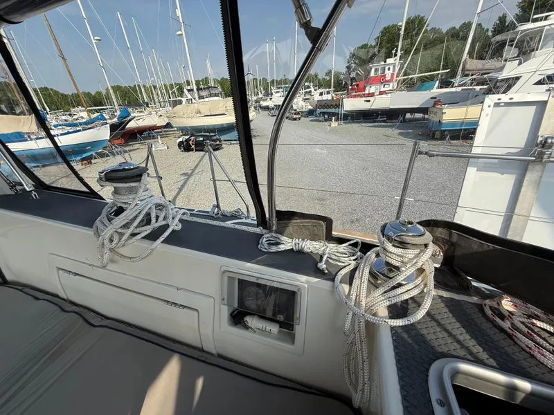 Slide: The Image of Cockpit view of 1997 Westerly Oceanlord yacht docked at marina with sailboats. - 16