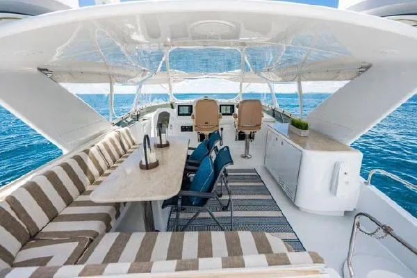 Slide: The Image of Luxurious 2006 Hatteras 64 Motor Yacht deck with seating, table, and ocean view. - 20