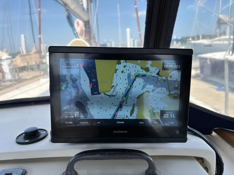 Slide: The Image of Garmin navigation display on 1955 Hinckley 36 Auxiliary Yawl sailboat, showing nautical chart. - 29