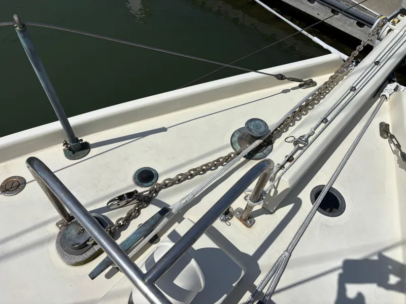 Slide: The Image of Deck of 1955 Hinckley 36 Auxiliary Yawl with rigging and chain details. - 6