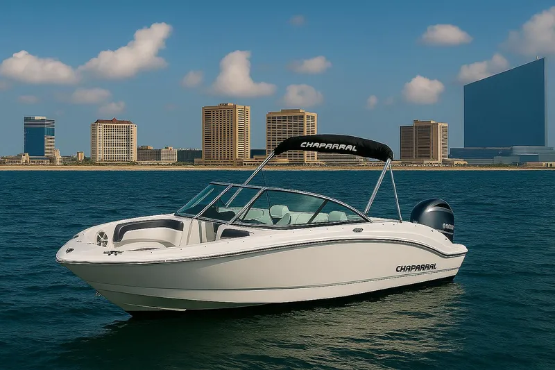 Slide: The Image of 2017 Chaparral 21 H2O Sport OB boat on water with city skyline background. - 0