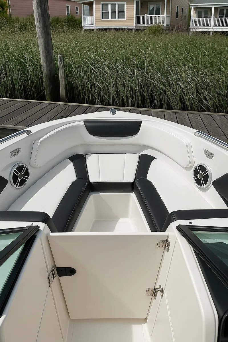 Slide: The Image of 2017 Chaparral 21 H2O Sport OB boat interior with seating and speakers, docked near reeds. - 12