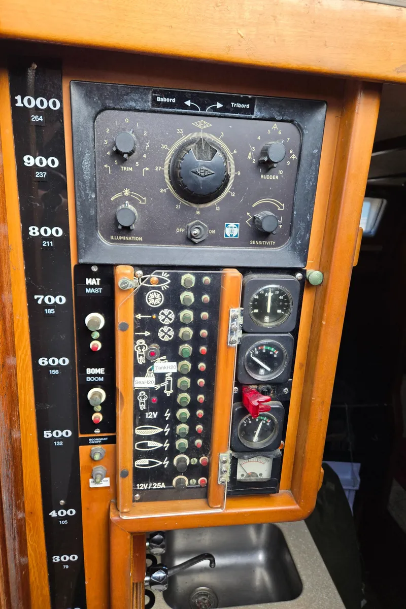 Slide: The Image of Electrical control panel on a 1985 Amel Maramu sailboat, featuring gauges and switches. - 17