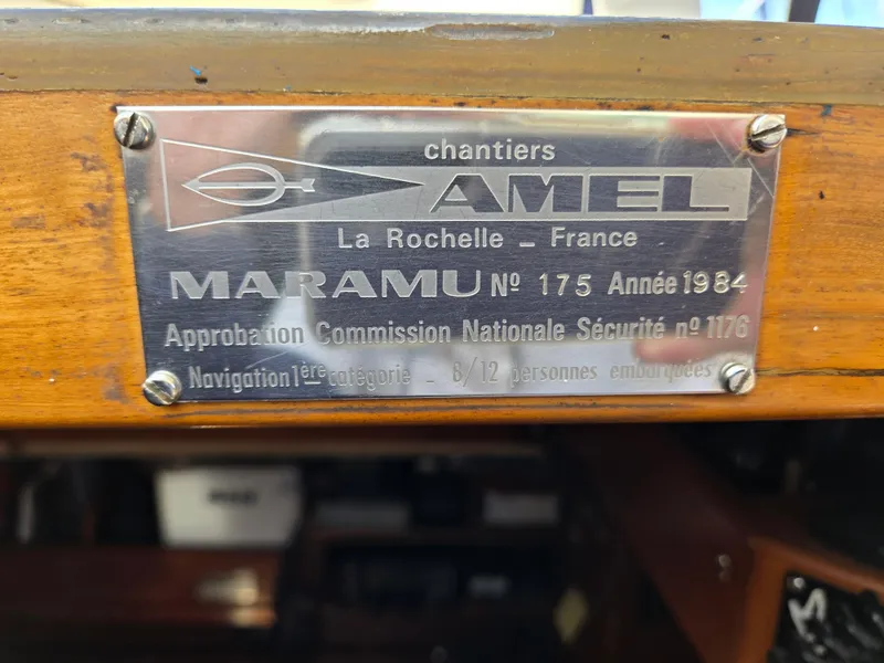 Slide: The Image of Plaque on 1985 Amel Maramu sailboat, La Rochelle, France, first category navigation approval. - 6