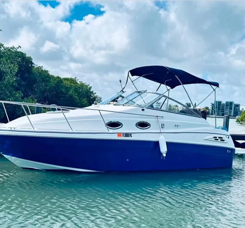 Slide: The Image of 2005 Ebbtide 2500 Mid-Cabin Cruiser on calm water, blue and white design, sunny day. - 2