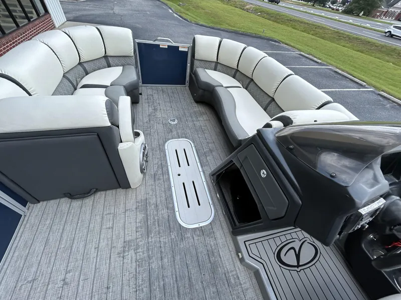 Slide: The Image of Interior view of a 2020 Veranda VP22VLC pontoon boat with gray seating. - 4