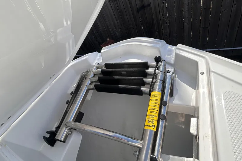 Slide: The Image of Foldable ladder in a 2025 Monterey M65 boat, showcasing stainless steel construction. - 6