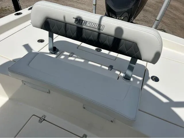 Slide: The Image of 2021 Pathfinder 2600 HPS boat seat with logo, featuring sleek design and comfortable cushioning. - 16