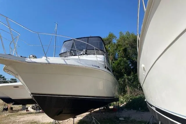 Slide: The Image of 1998 Carver 380 Santego yacht on land, blue sky background. - 2