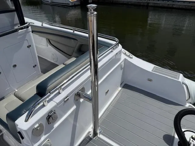 Slide: The Image of 2021 Airship 340 RIB boat interior with seating and stainless steel features. - 19