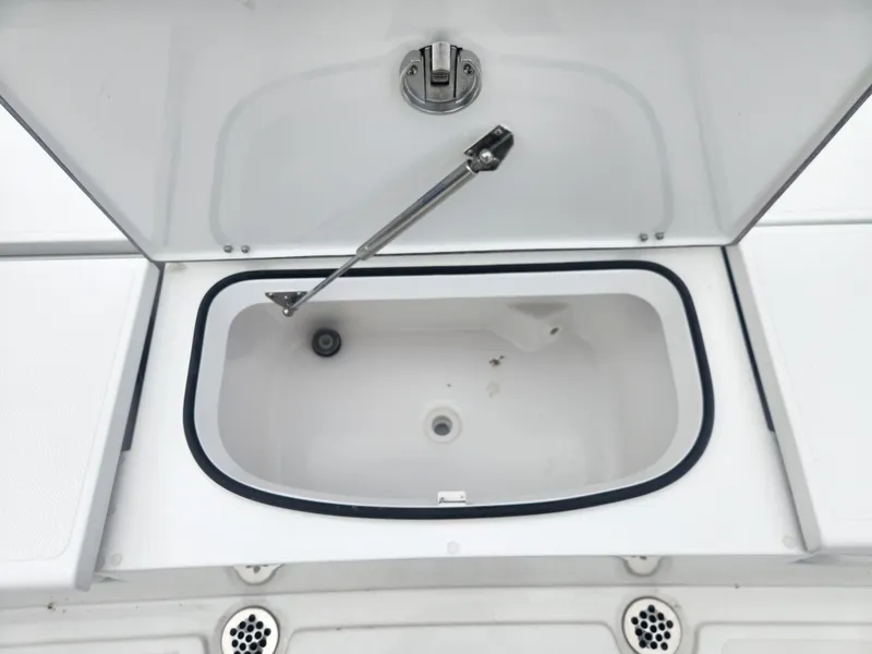 Slide: The Image of Open storage compartment on 2025 BlackJack 256 Bay boat, featuring a hydraulic lift. - 19