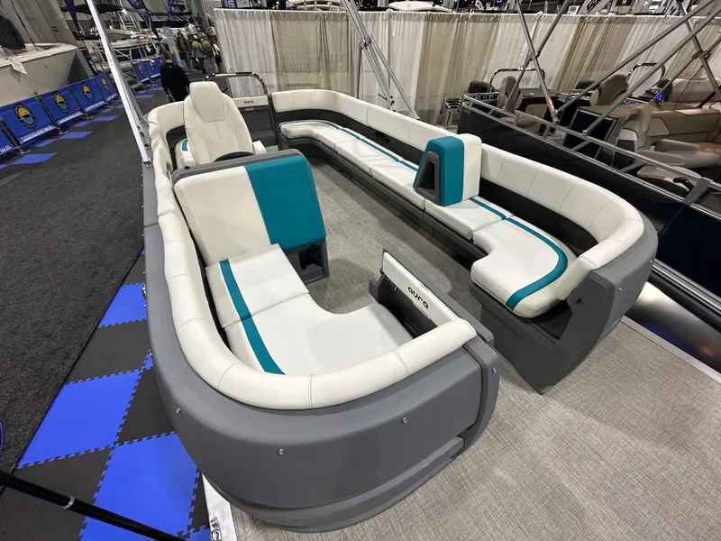 Slide: The Image of 2025 Avalon Aura 21' pontoon boat with spacious seating and modern design. - 15