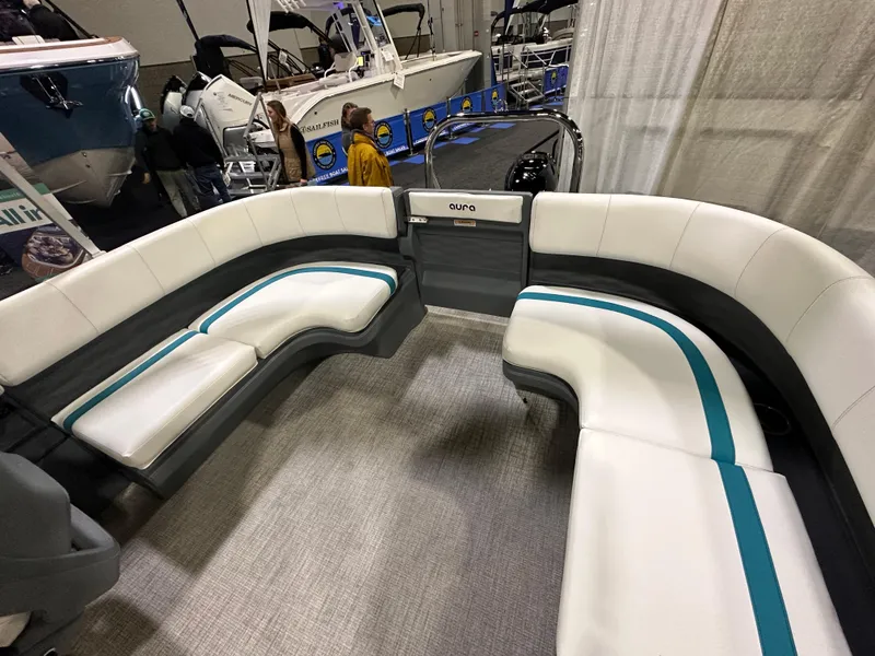 Slide: The Image of Luxurious interior of 2025 Avalon Aura 21' boat with stylish seating. - 6