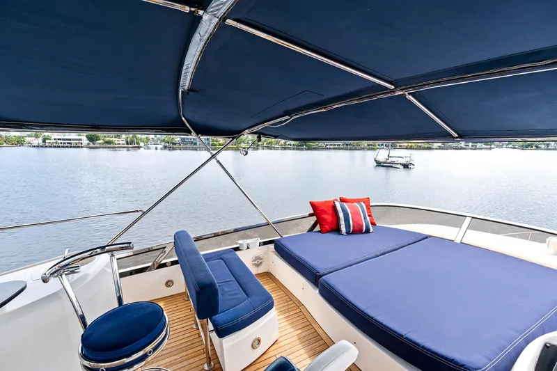 Slide: The Image of Luxurious 2006 Sunseeker 75 Yacht deck with blue seating and scenic water view. - 45